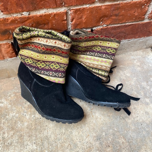 Womens 8.5 Mocassin Southwestern Boho Black Wedge Boots - Picture 5 of 9